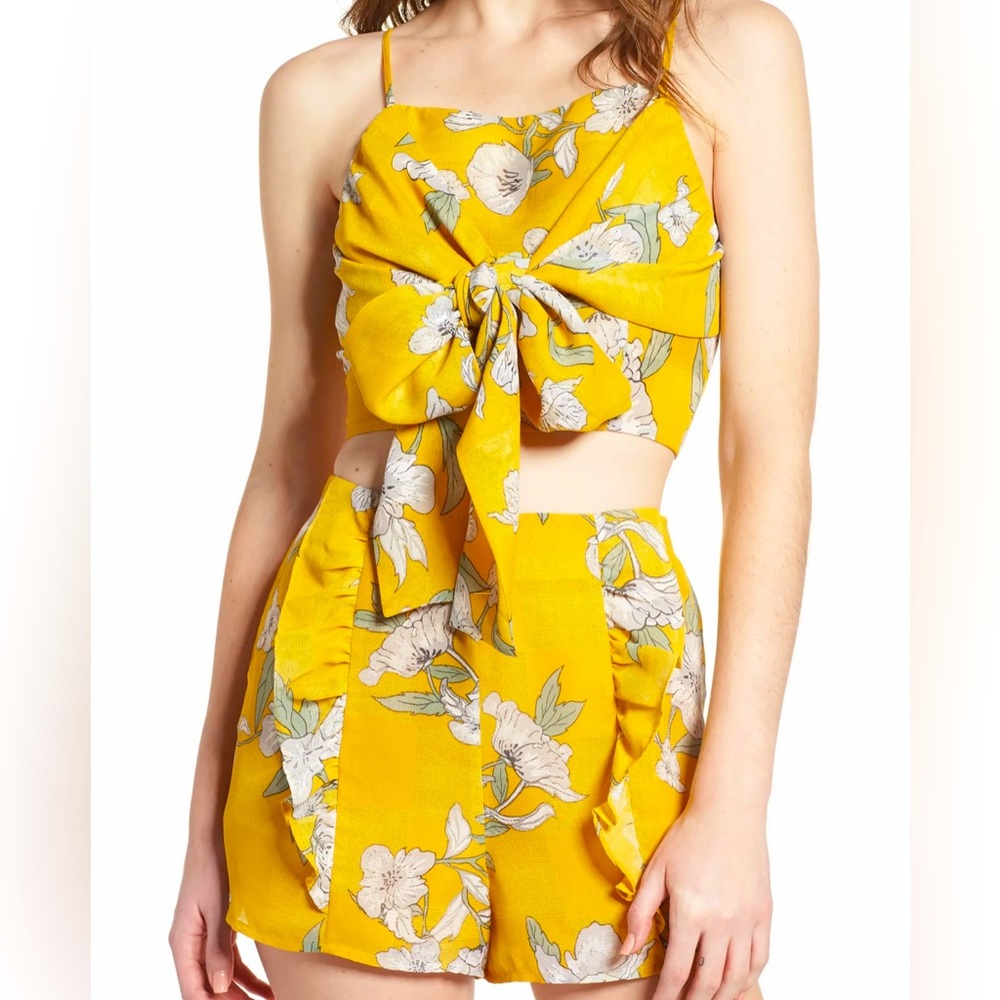 Chriselle X J.O.A. Wrap Crop Top & Ruffle Shorts~ Quince Blossom Yellow ~ Small